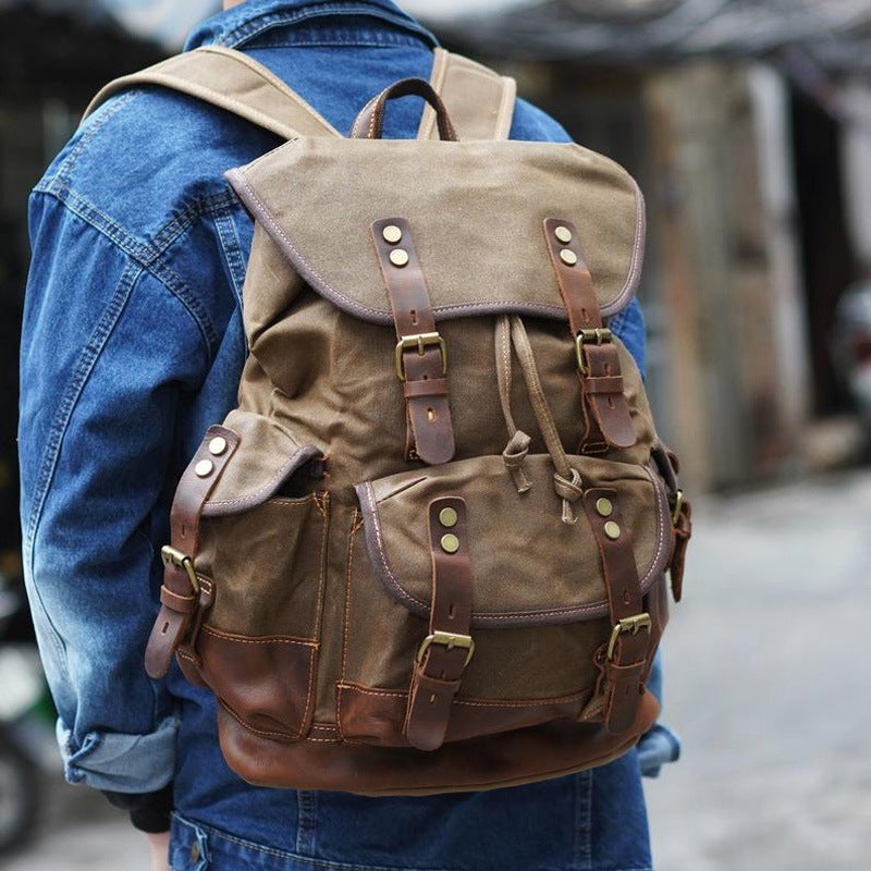 Men's Classic Engraved Pepper Salt Retro Canvas Leather Backpacks