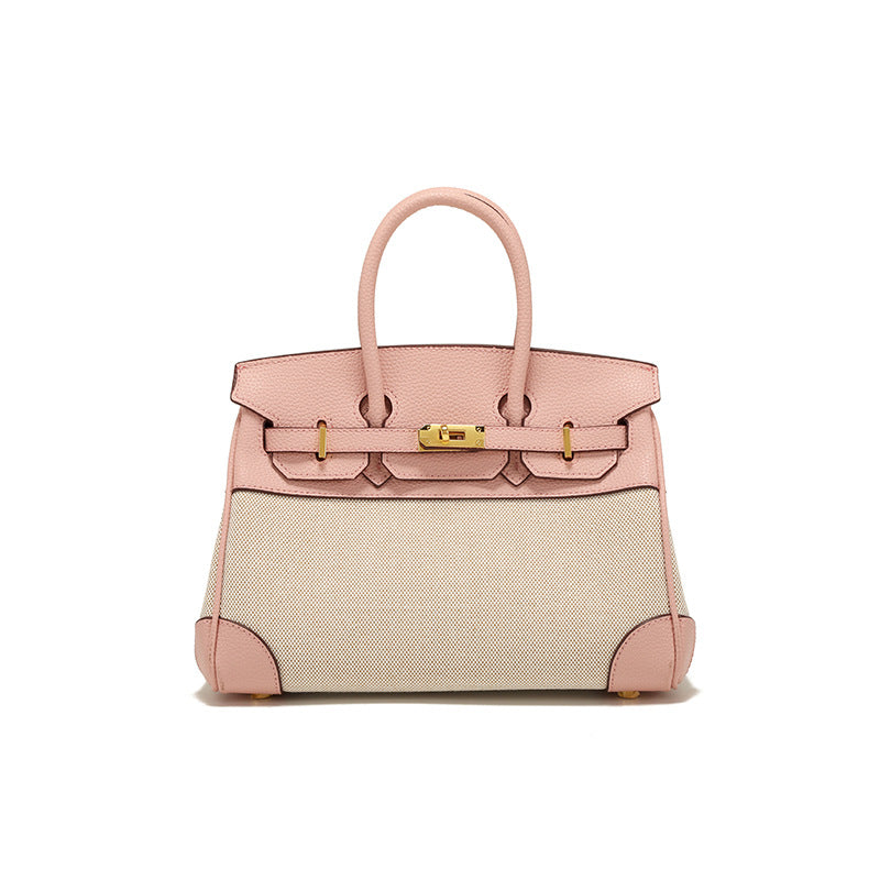 Women's Spring Design Leather With Canvas Contrast Color Handbags