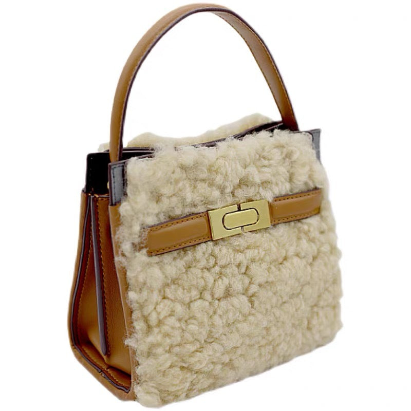 Women's Winter Cute Wool Cowhide Stitching Leather Crossbody Bags