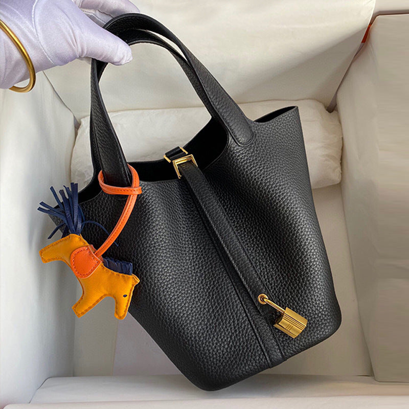 Women's Line Vegetable Basket Lychee Pattern Cowhide Handbags