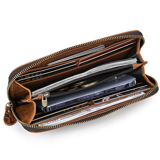 Horse Leather Long Retro Embossing Zipper With Hand Men's Wallets