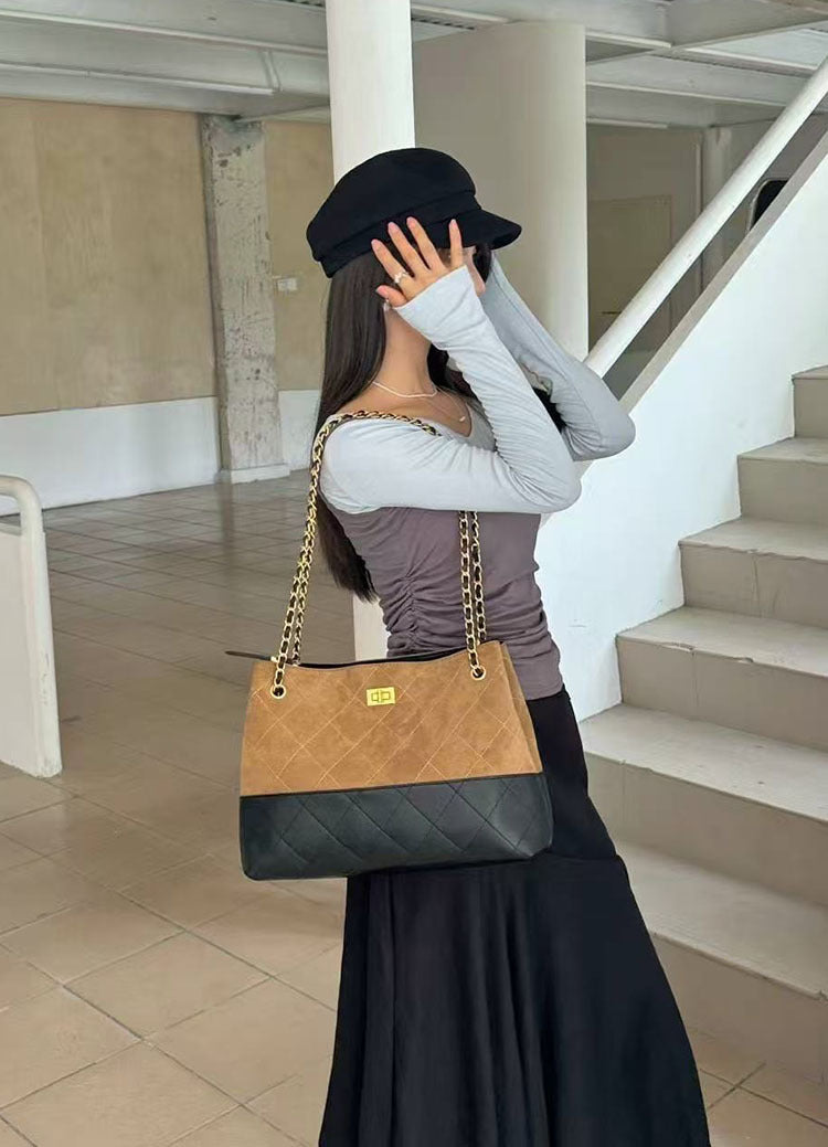 Women's Style Rhombus Chain Large Capacity Genuine Handbags