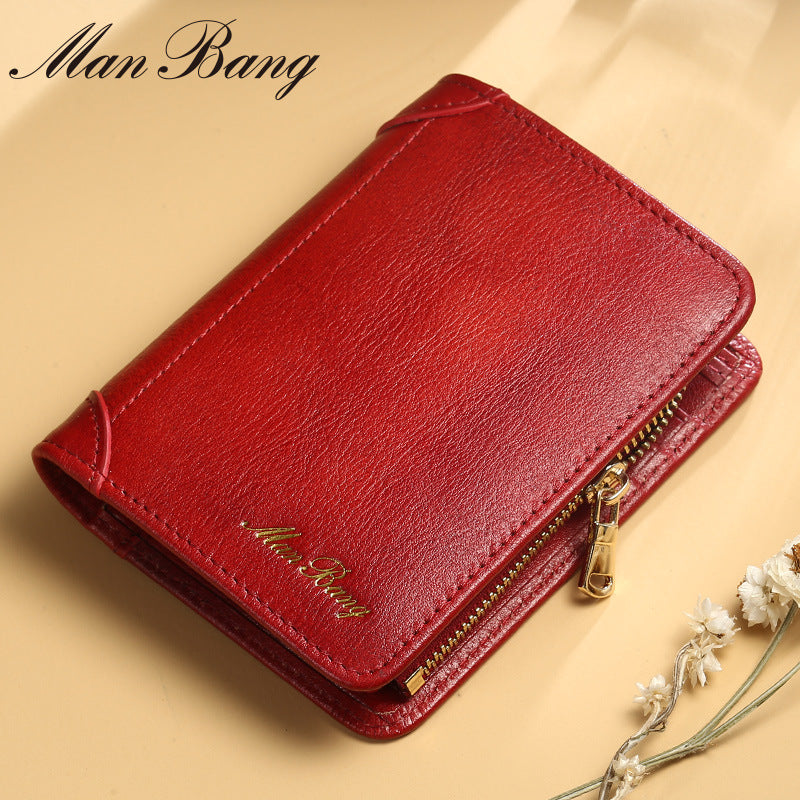 Men's Cowhide Pocket Zipper Multiple Slots Short Men's Wallets