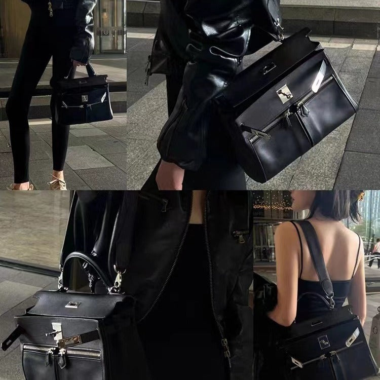 Women's Top Layer Cowhide Kelly Double Pocket Genuine Crossbody Bags