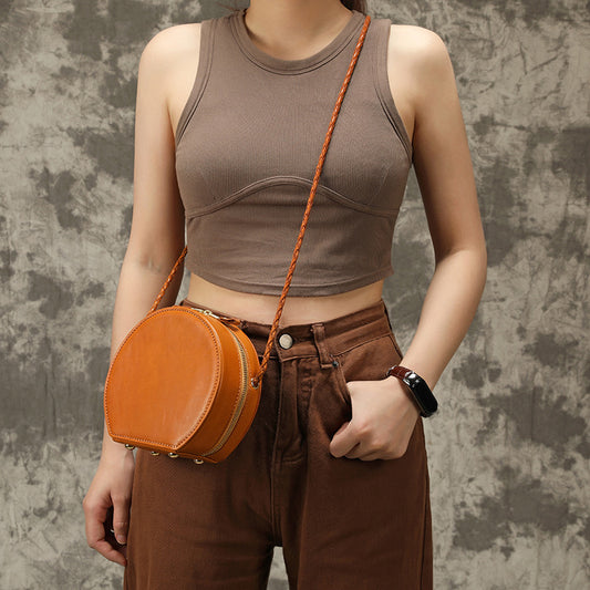 Landscape Dyed Vegetable Tanning Leather Round Pie Original Handmade Crossbody Bags