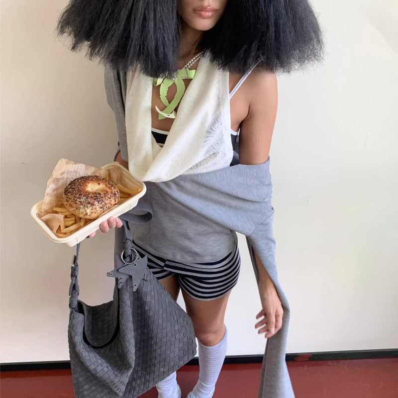 Pretty Brushed Veet Hand-woven Female Large Shoulder Bags