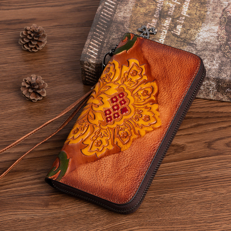 Women's First Layer Vegetable Tanning Leather Brushed Long Retro Ladies Wallets