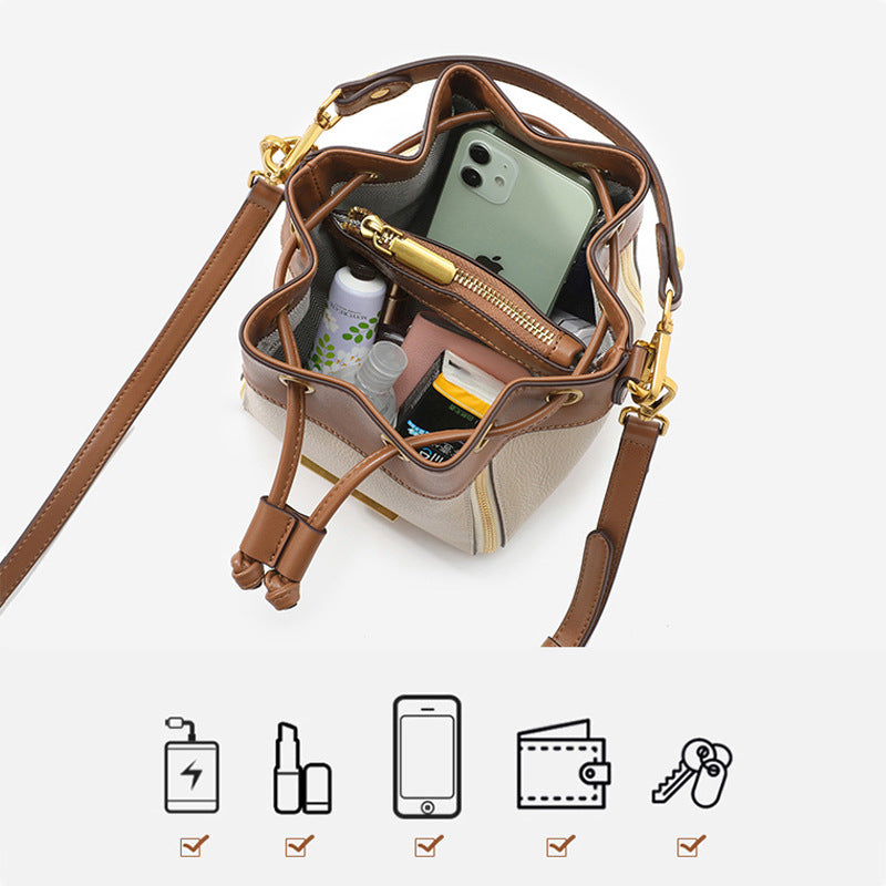 Women's Niche Mini Drawstring Contrast Color Genuine Crossbody Bags