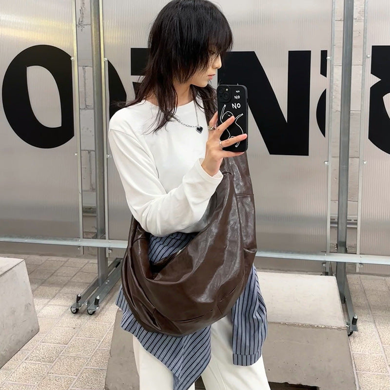 Ge Oil Wax Leather Korean Pleated Crossbody Bags
