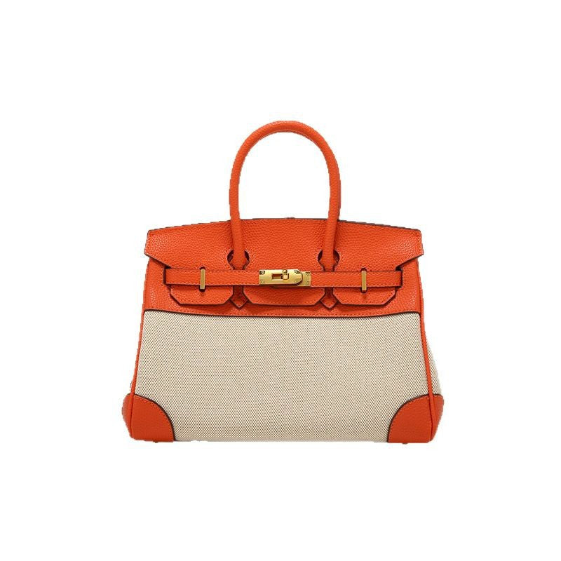 Women's Spring Design Leather With Canvas Contrast Color Handbags