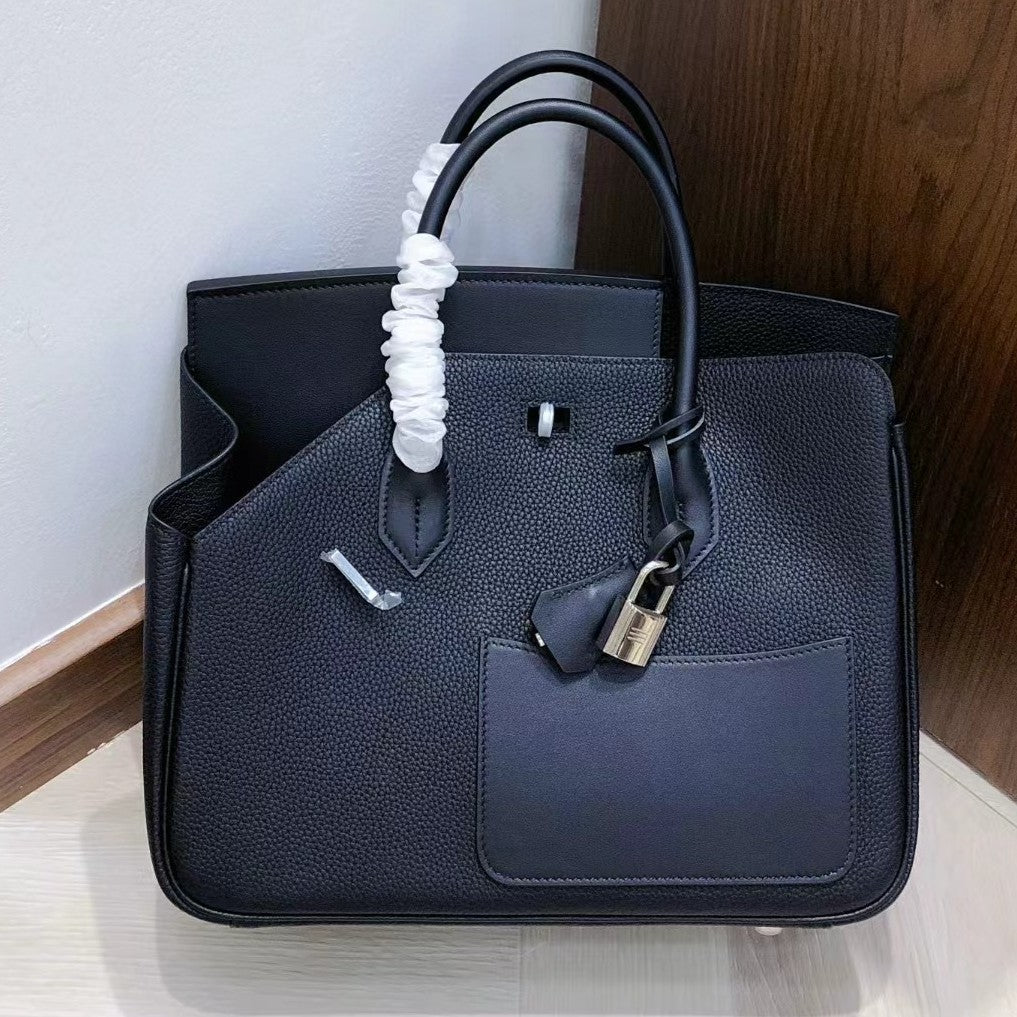 Women's Layer Cowhide Stitching Leather Large Capacity Handbags