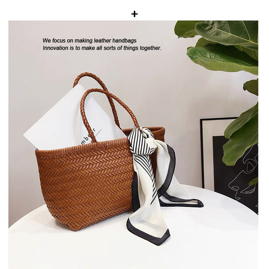 Women's French Style Vegetable Basket Cowhide Hand-woven Bags