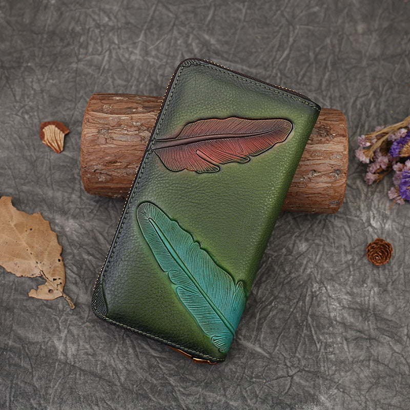 Women's Plant Embossed Long Genuine Leather Clutch Ladies Wallets
