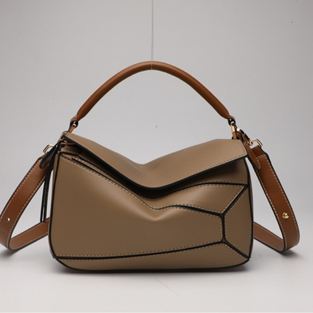 Women's Geometric Color Matching Stitching Leather Pillow Handbags