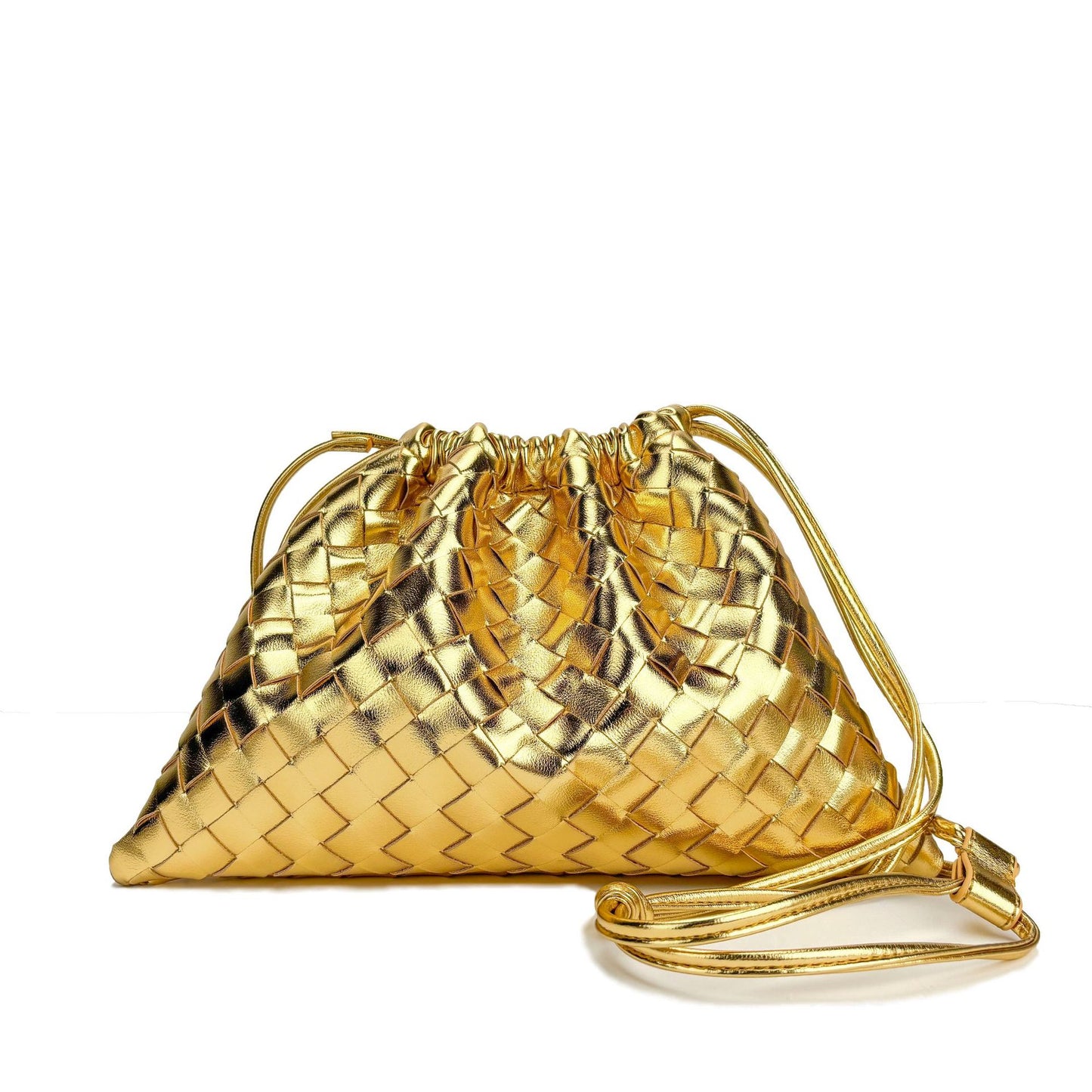 Cattlehide Leather Rhombus Magnetic Snap Drawstring Bundle Woven Crossbody Bags