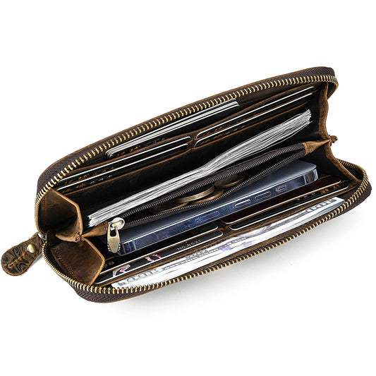 Men's Crazy Horse Leather Retro Embossing Fashion Long Men's Wallets