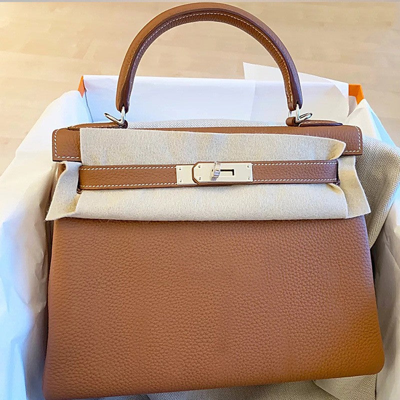 Women's Kelly Cow Leather Litchi Pattern Portable Shoulder Bags