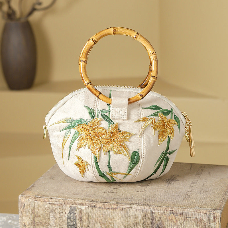 Women's Style Portable Embroidery Pumpkin Bamboo Maple Crossbody Bags