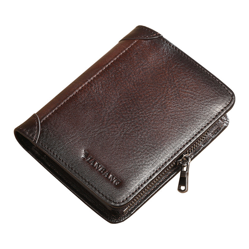 Men's Cowhide Pocket Zipper Multiple Slots Short Men's Wallets