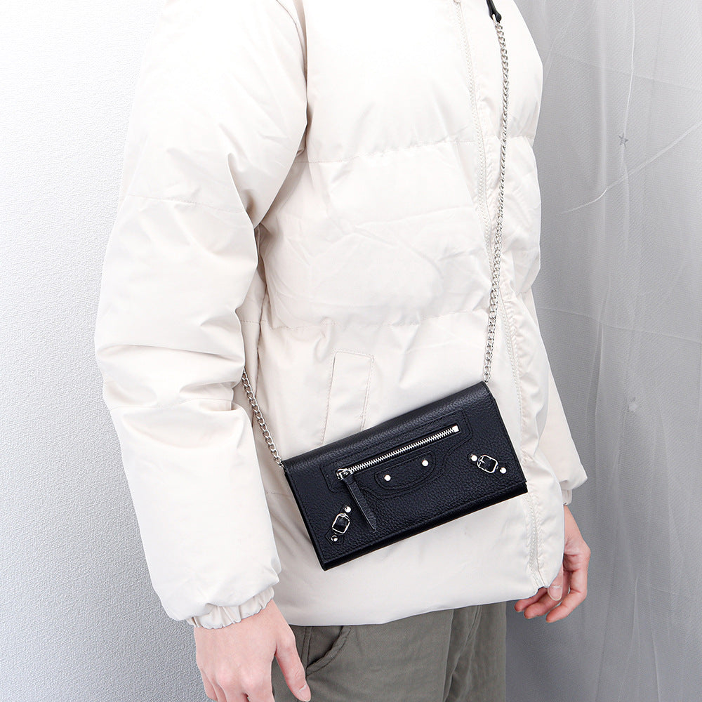 Women's First Layer Cowhide Motorcycle Rivet Chain Light Crossbody Bags