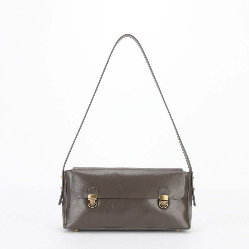 Women's Retro Underarm Baguette Layer Oil Wax Shoulder Bags