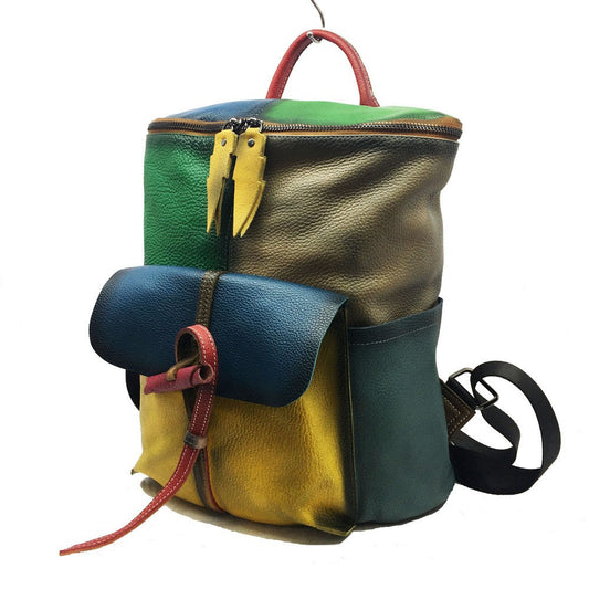 Women's Genuine Leather Retro Color Brushed Backpacks