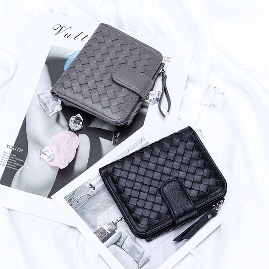 Women's Short Sheepskin Woven Classic Half Fold Ladies Wallets