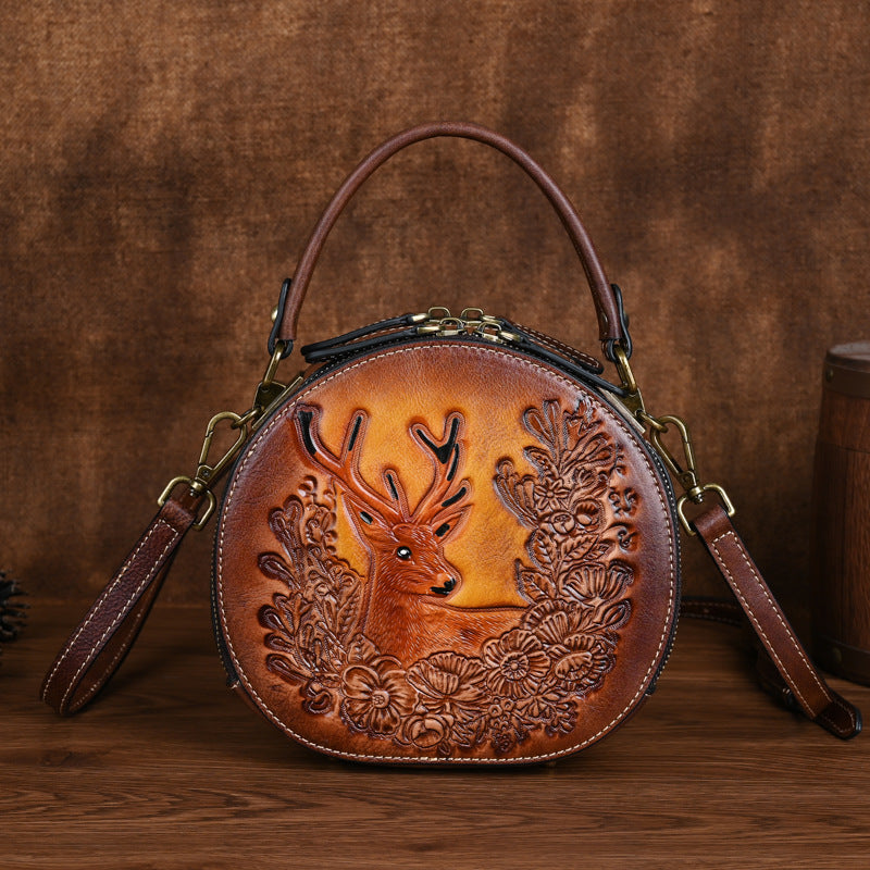 Women's National Style Round First Layer Leather Crossbody Bags