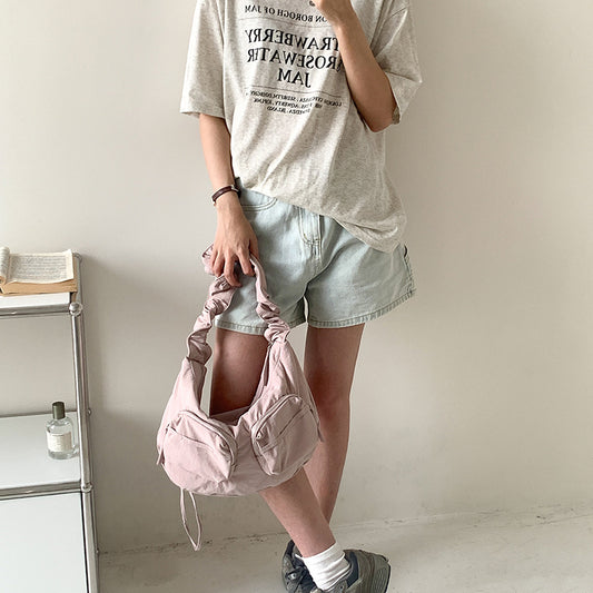 Women's Summer Pleated Nylon Cloth Solid Color Shoulder Bags