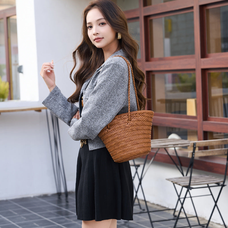 Vintage Genuine Leather Handmade Vegetable Basket Shoulder Bags