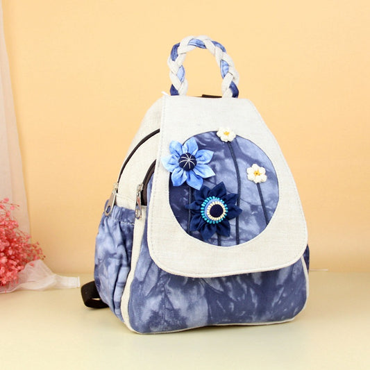 Women's Handmade Fabric Flower Double Layer Zipper Backpacks