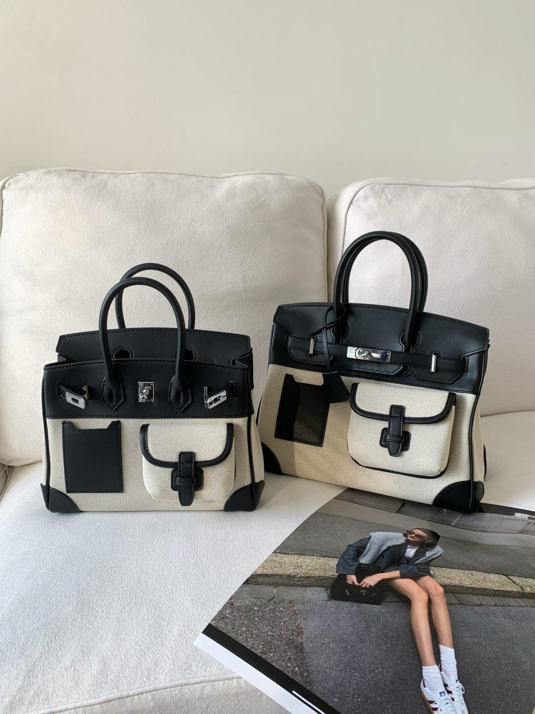 Women's Contrast Color Canvas Leather Stitching High-grade Handbags