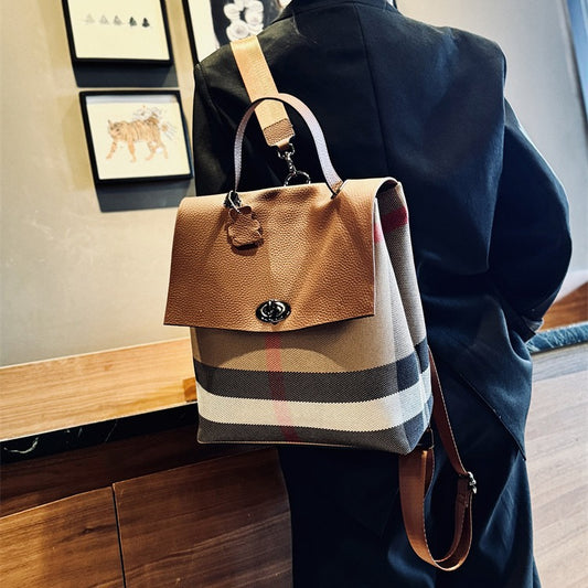 Women's Fashion Genuine Leather Large Capacity Fashionable Plaid Backpacks