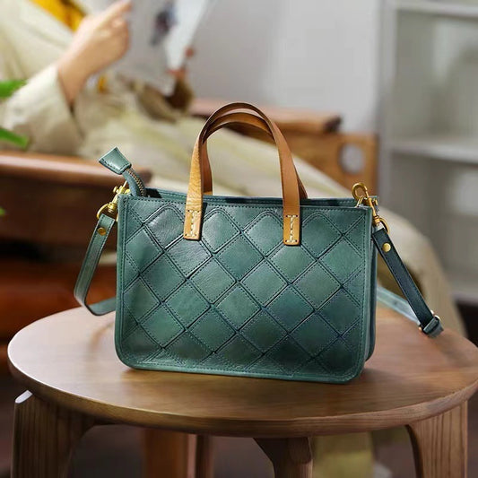 Women's Cow High Texture Geometric Stitching Vintage Crossbody Bags