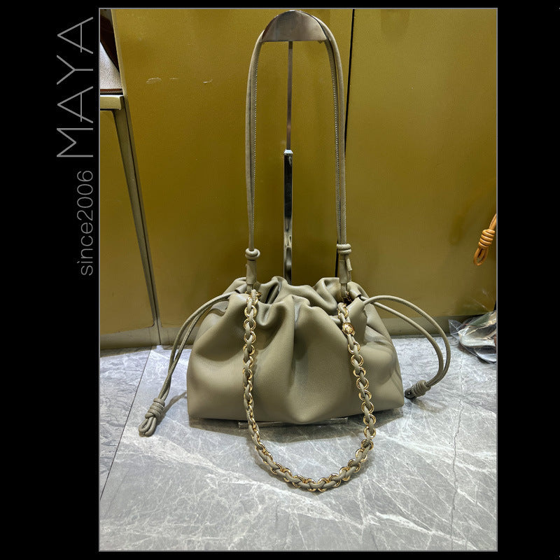 Women's Lucky Soft Cowhide Clutch Drawstring Genuine Shoulder Bags