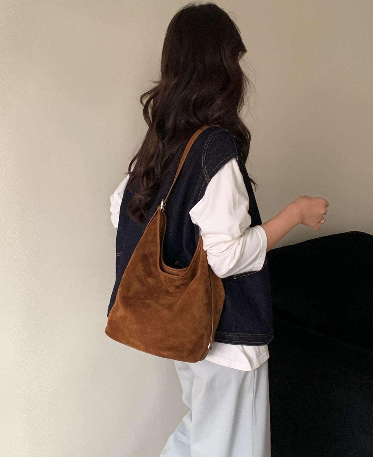 Women's Minimalist Style Niche Retro Suede Genuine Leather Shoulder Bags