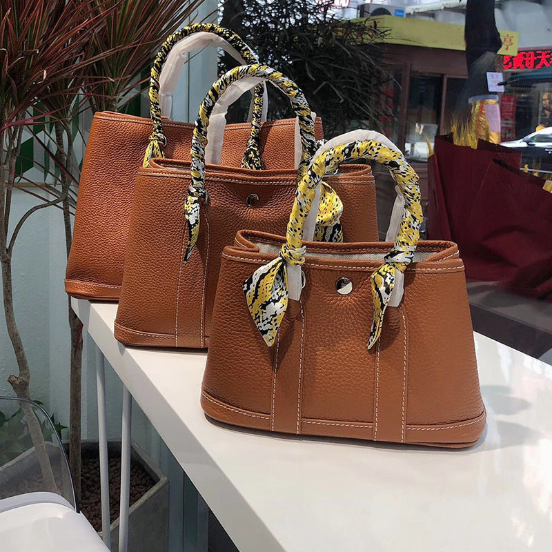Women's Litchi Pattern First Layer Cowhide Shopping Shoulder Bags