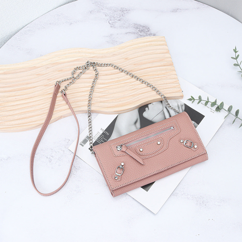Women's First Layer Cowhide Motorcycle Rivet Chain Light Crossbody Bags
