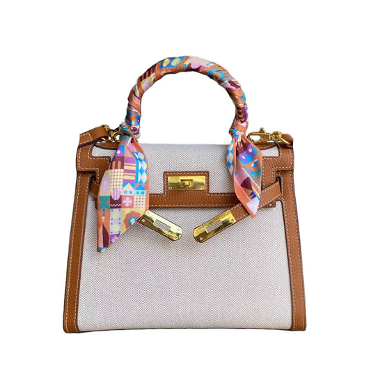 Women's Elegant Canvas With Contrast Color Leather Shoulder Bags