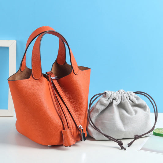 Lychee Pattern Vegetable Basket Genuine Leather Fashion First Layer Handbags