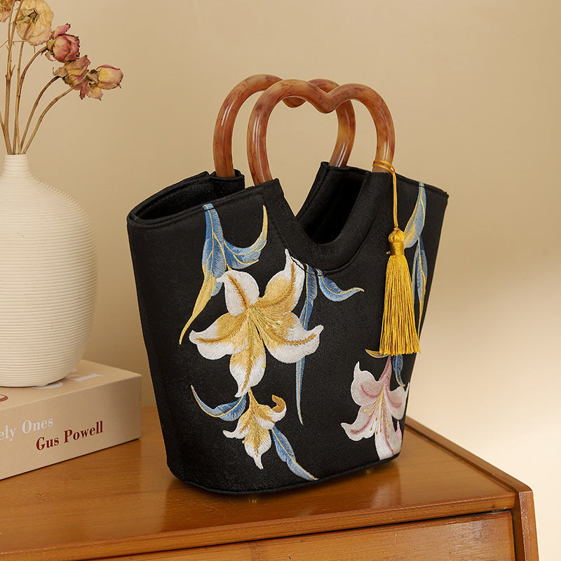 Coral Lily Embroidered Wooden Ancient Style Handbags