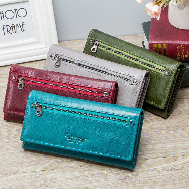 Women's Black Angel Leather Long First Layer Ladies Wallets