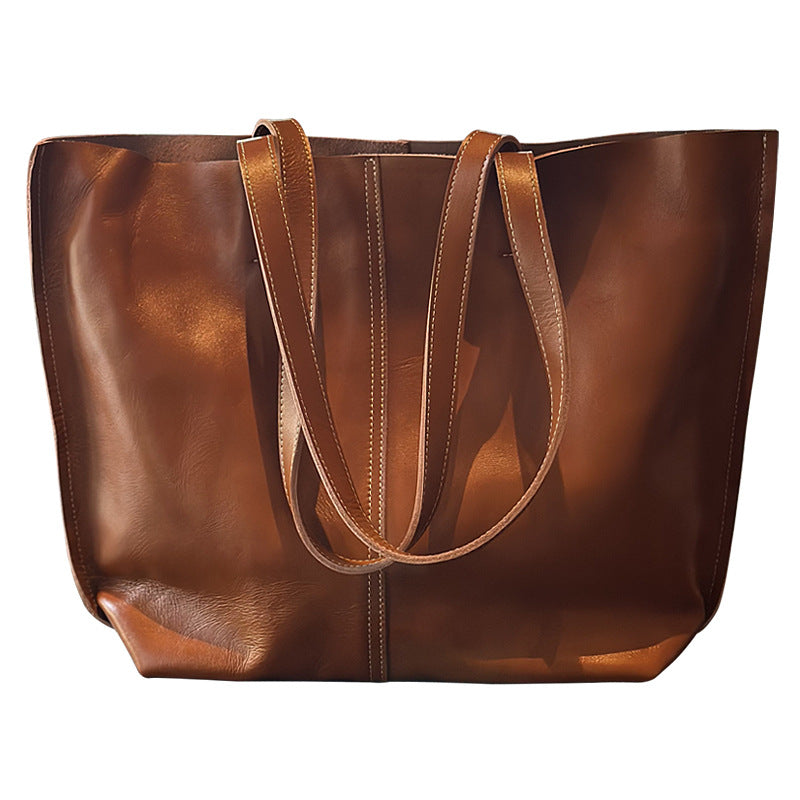 Women's Retro Portable Big First Layer Cowhide Simple Large Capacity Shoulder Bags