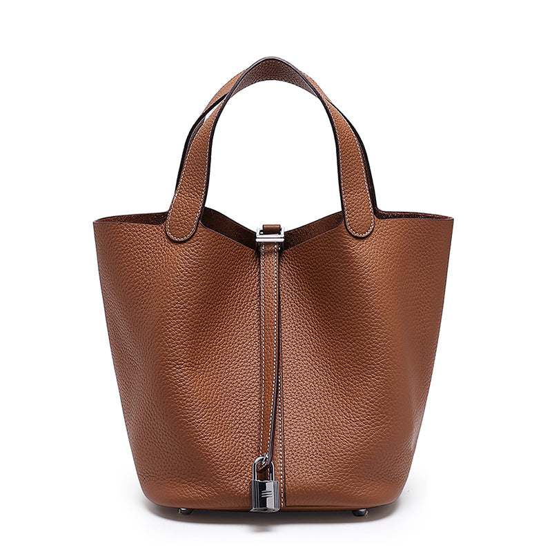 Women's Quality First Layer Cowhide Niche Basket Leather Large Bags