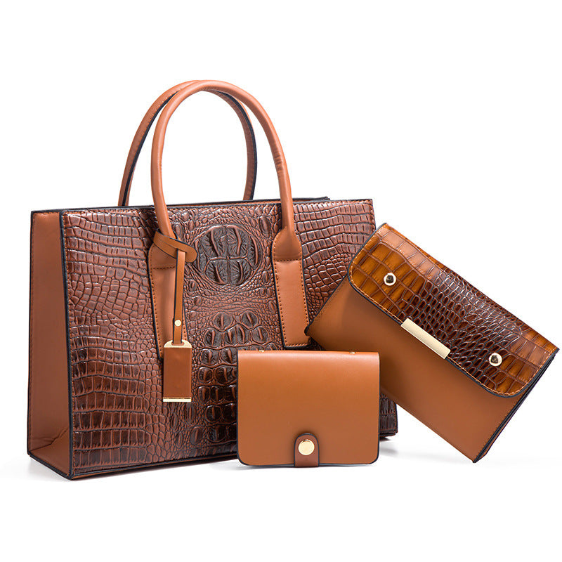Women's Crocodile Pattern Portable Fashion Large Capacity Three-piece Handbags