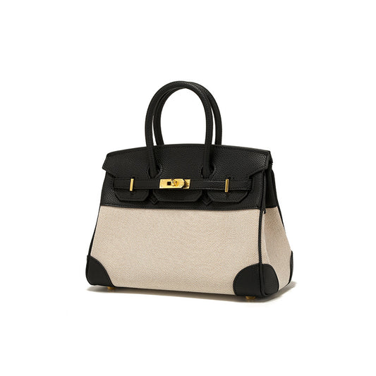 Women's Autumn Design Leather With Canvas Contrast Shoulder Bags