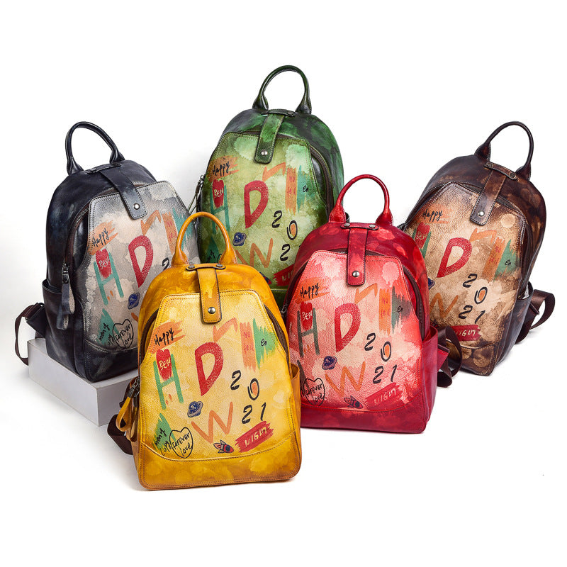 Women's Retro First Layer Cowhide Large Capacity Backpacks
