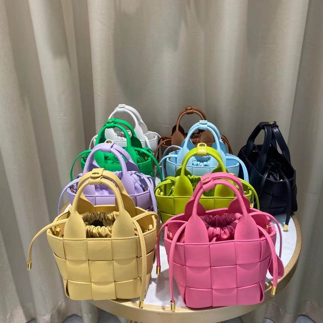 Women's Vegetable Basket Woven Leather Drawstring Composite Bags