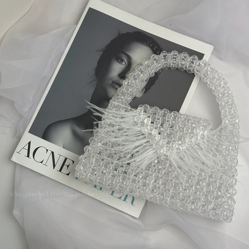 Women's Acrylic Beaded Feather Decoration Hand-woven Fashion Handbags