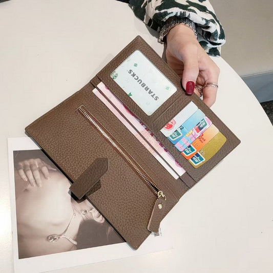 Women's Simple Cowhide Clutch Litchi Pattern Fashion Long Ladies Wallets